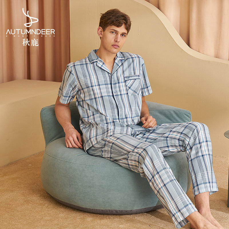 秋鹿【清仓仅剩大码】家居服男开衫套装夏季梭织纯棉格纹短袖睡衣,女士内衣/男士内衣/家居服,睡衣/家居服套装,淘宝优惠券,粉丝福利购,淘宝优惠卷