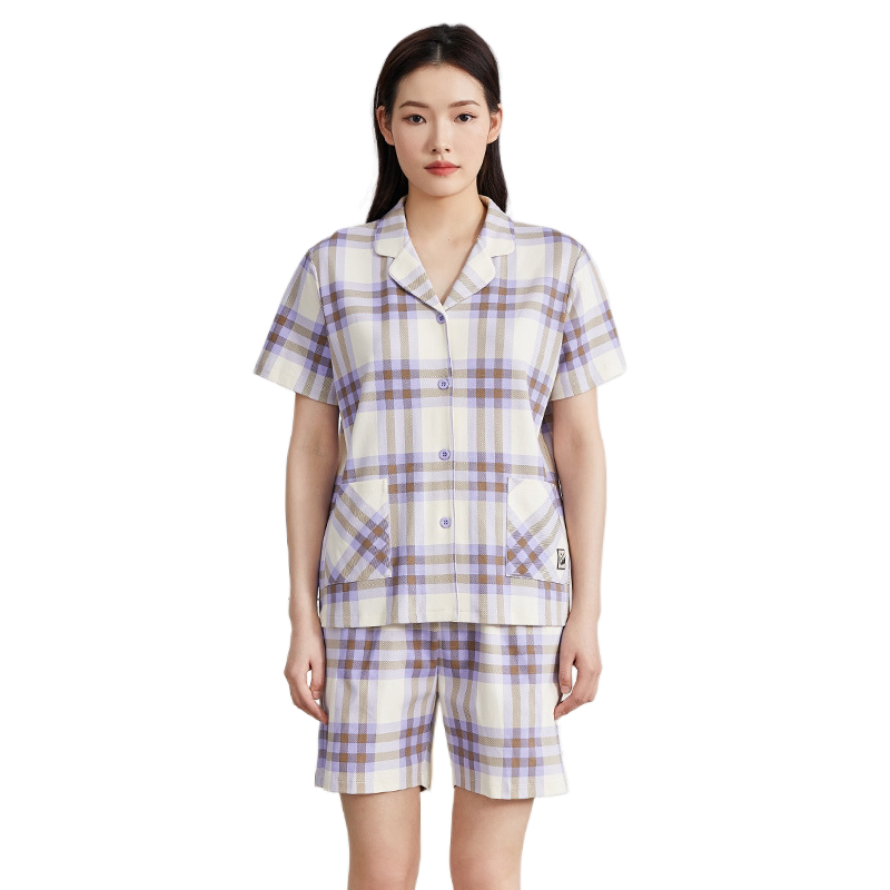 秋鹿简约格子睡衣男款夏季针织纯棉短袖短裤情侣家居服女夏款开衫
