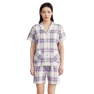 秋鹿简约格子睡衣男款夏季针织纯棉短袖短裤情侣家居服女夏款开衫