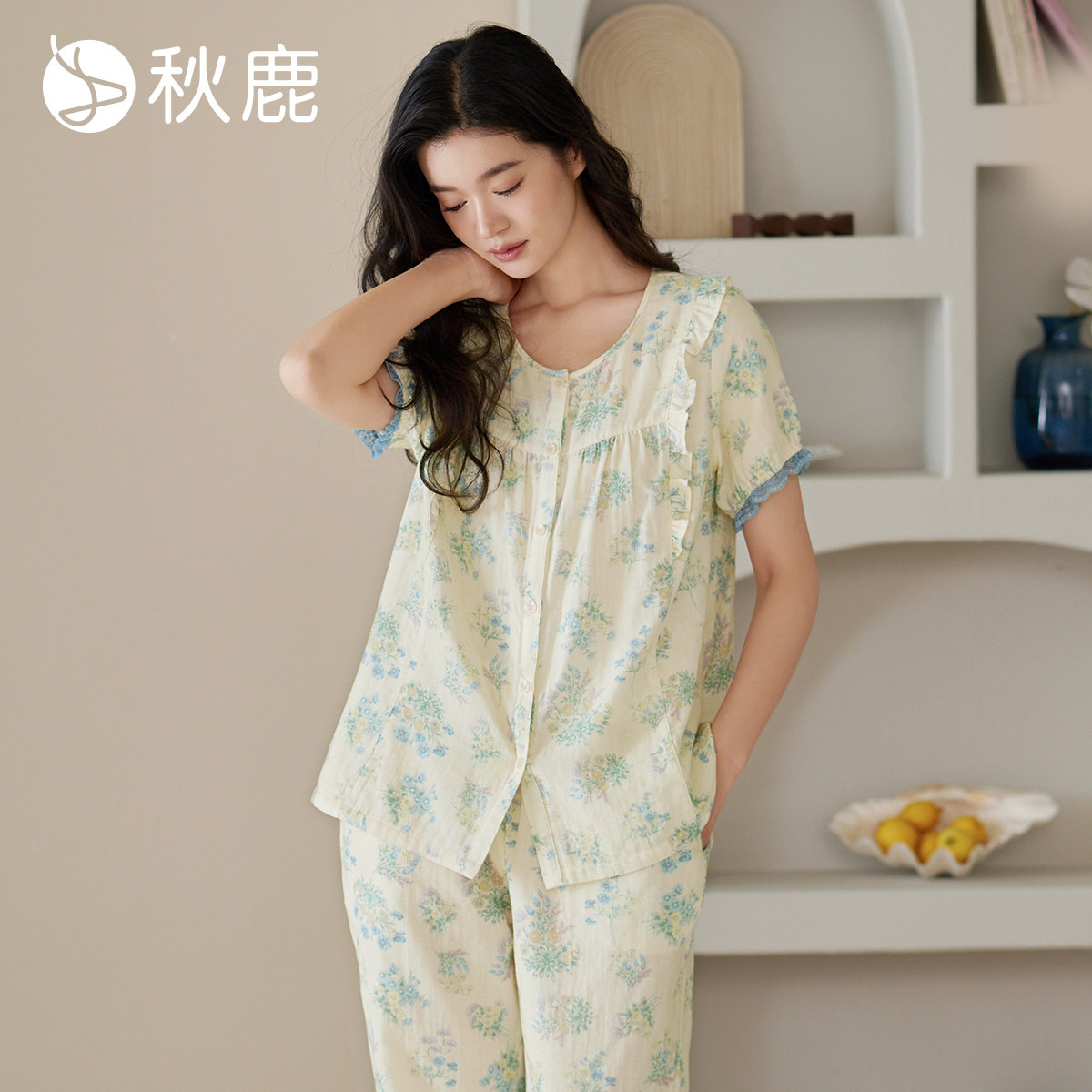 秋鹿【双层棉纱女睡衣】夏季纯棉睡衣女透气圆领短袖可外穿家居服