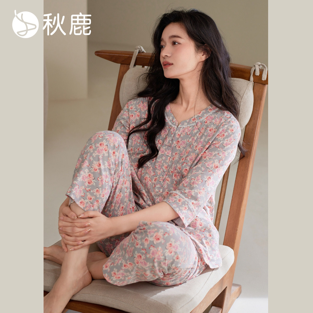 秋鹿【直播专享】睡衣单面棉氨印花七分袖九分裤女套家居服夏季