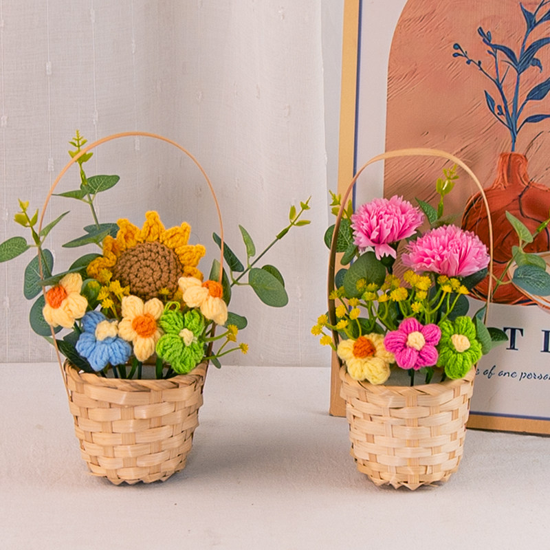 向日葵泡芙针织花束竹编手提小花篮桌面小摆件送女生闺蜜生日礼物图片
