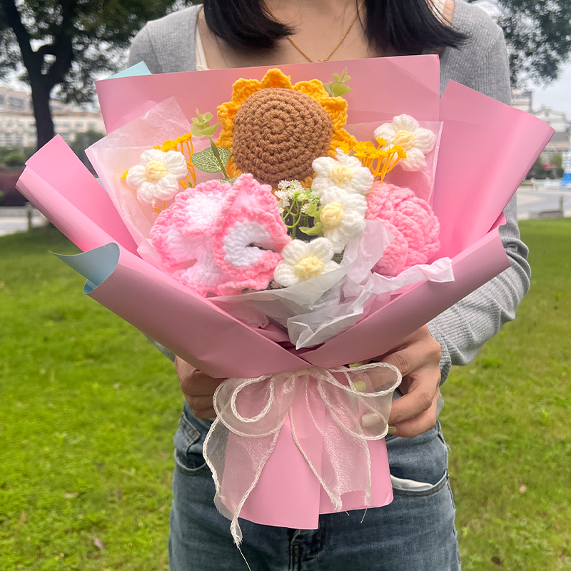 向日葵玫瑰针织花束教师节礼物送老师实用毛线手工编织永生花礼品