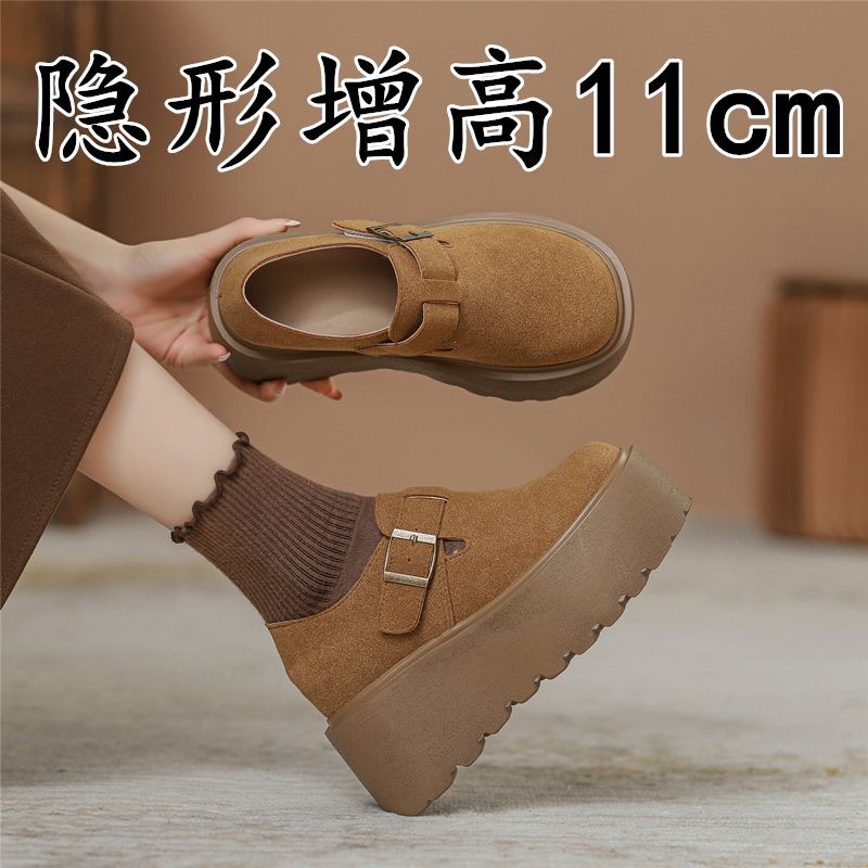 新品11cm小个子勃肯鞋女秋冬加绒一脚蹬厚底单鞋百搭内增高全包博
