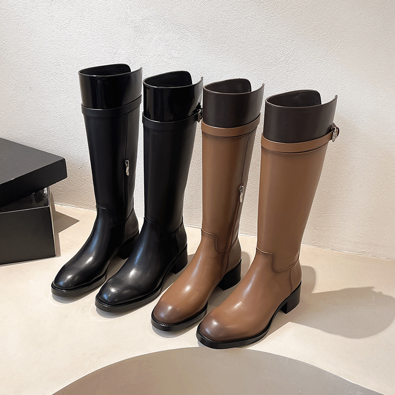 新品马思纯同款女鞋2025冬季新款骑士靴瘦瘦靴长筒靴不过膝锁扣长