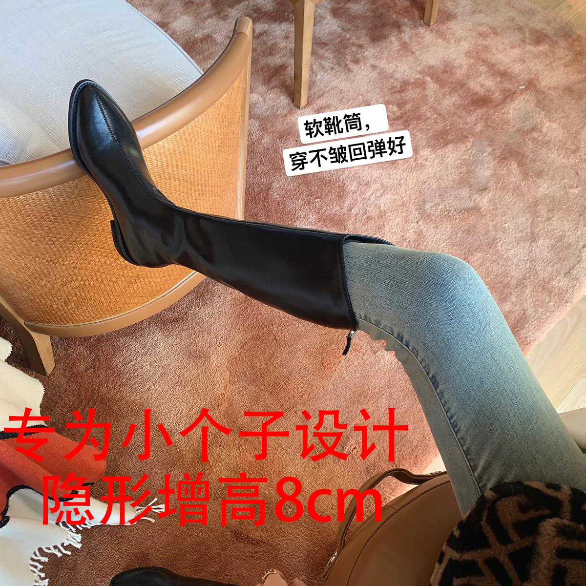 新品内增高后拉链V口西部牛仔靴女高跟尖头骑士靴长靴高筒长筒靴