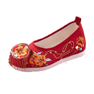 原创秀禾中式婚鞋新款流苏古风汉服鞋子女新娘红色加绒增高绣花鞋