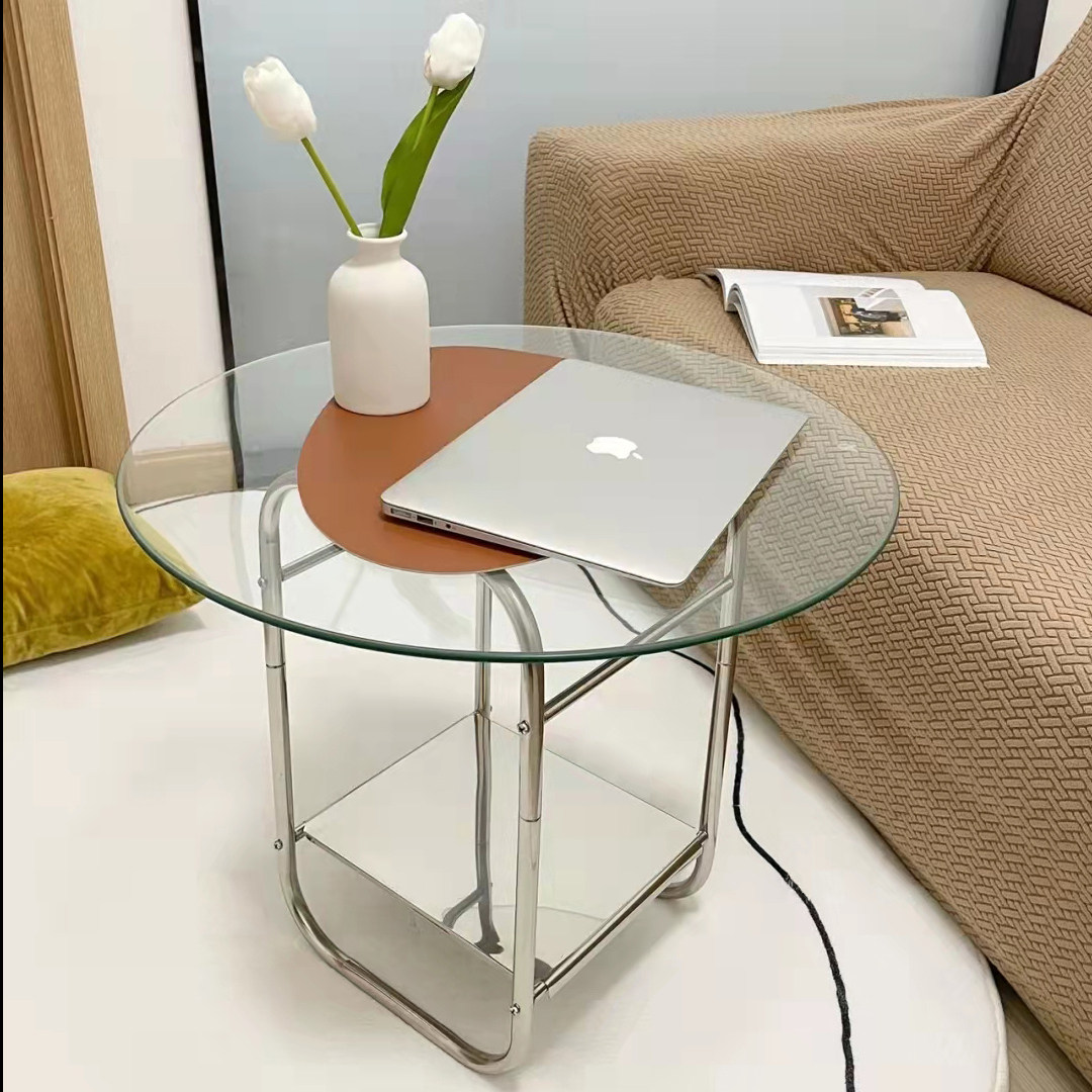 自制中古不锈钢玻璃茶边几改造网红北欧ins风钢化小圆桌透明家用
