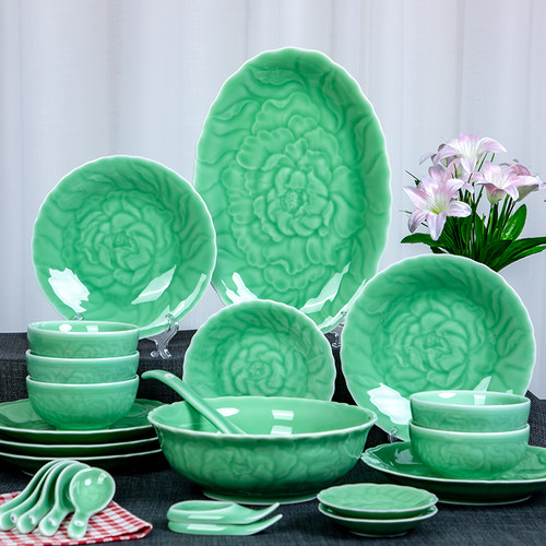 中国风家用青瓷复古陶瓷碗碟套装