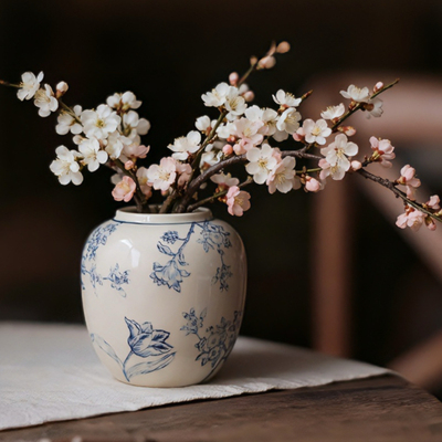 繁花锦簇青花花瓶 圆福新款新年花瓶家居插花水培乔迁礼装饰摆件