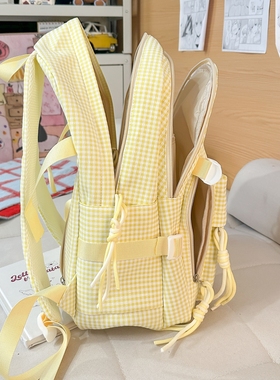 【背部有拉链袋】黄色格子双肩包学院风大容量多层学生书包背包