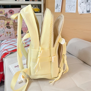 【背部有拉链袋】黄色格子双肩包学院风大容量多层学生书包背包