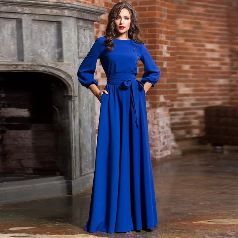 Summer round neck long dress with lantern sleeves灯笼袖礼服