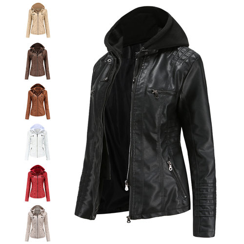 women's hooded two-piece detachable oversized leather jacket
