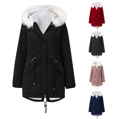 White fur collar mid length hooded coat womens cotton jacket