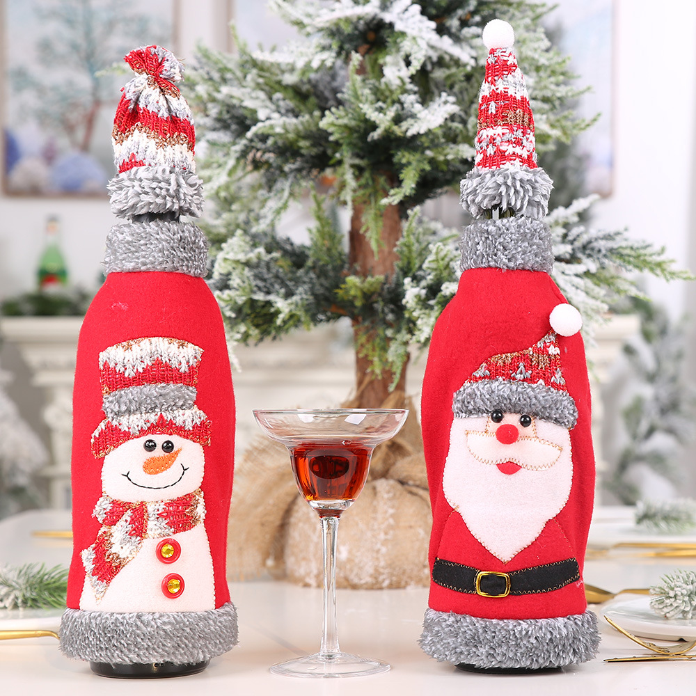 Christmas velvet edging with hat red wine bottle cover酒瓶套