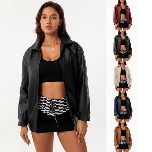 Women's fashion loose fitting leather jacket girls coat top