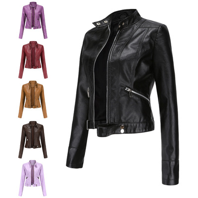 Women's short stand up collar thin leather jacket girls coat