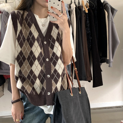 V-neck sleeveless vest checkered sweater vest jacketV领背心