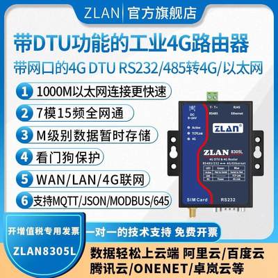 【ZLAN】全网通带网口的4gdtu千兆4G无线路由器DTU数传设备232/485转4g/以太网数据上云端ZLAN8305L