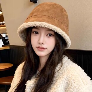麂皮绒渔夫帽女2025新款秋冬加厚羊羔毛保暖棉帽子大头围毛绒盆帽
