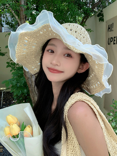 草帽女夏季 蕾絲大帽檐女防曬帽顯臉小日系度假海邊沙灘遮陽太陽帽