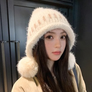 慵懒风加厚双层护耳防寒三毛球兔毛帽子女冬季加绒护脸针织毛线帽