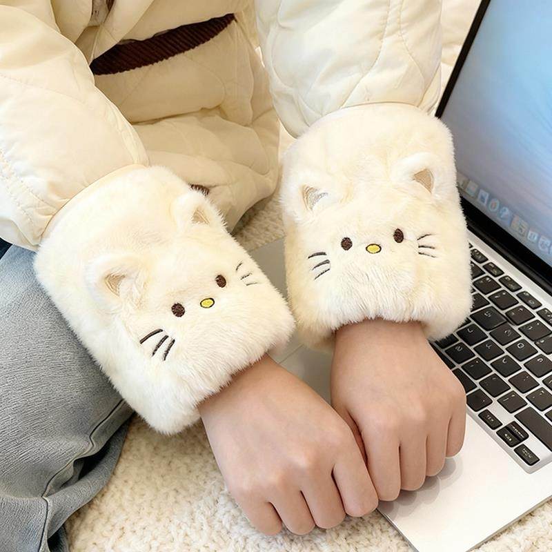 秋冬毛绒猫咪防污袖套女新款羽绒服护袖工作学习学生保暖套袖短款