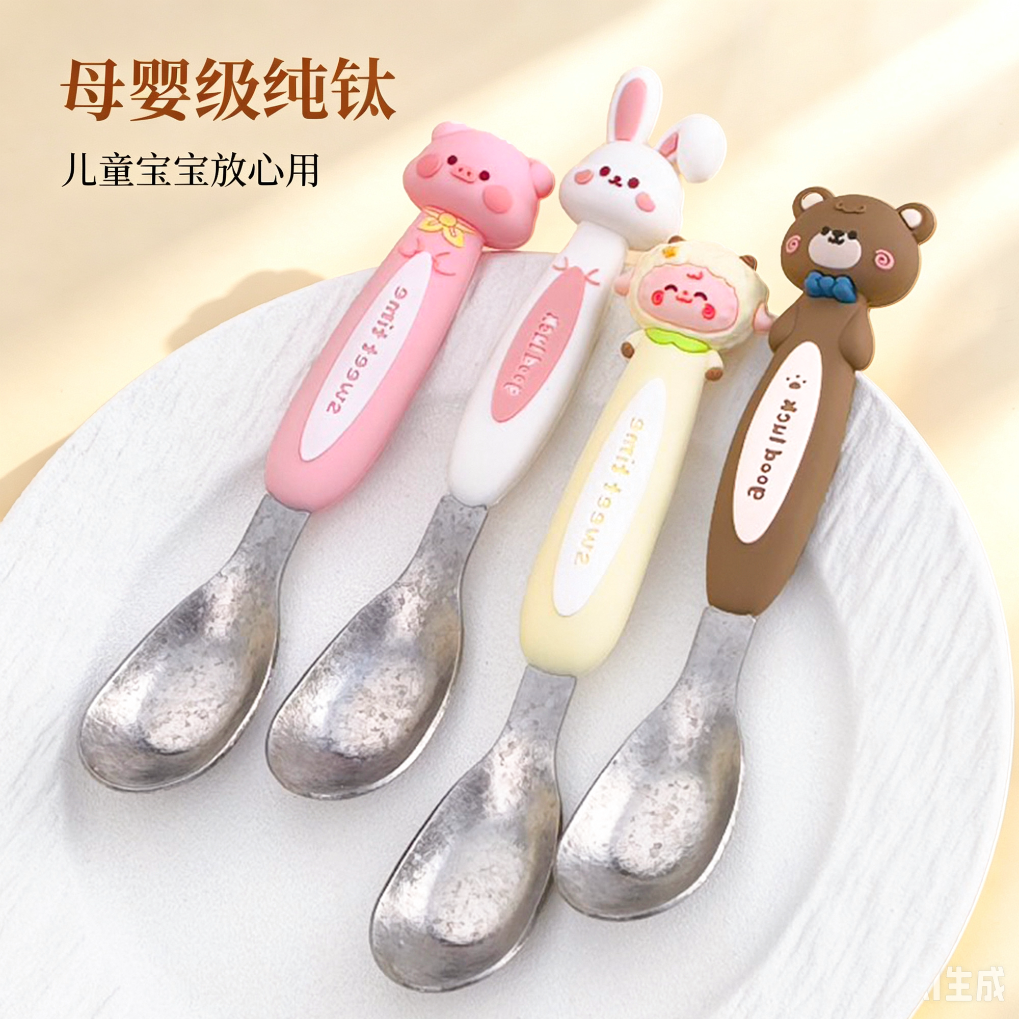 宝宝食品级纯钛加深元宝勺子儿童家用辅食专用卡通可爱长柄小勺子
