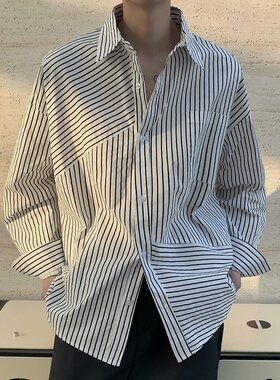 梵格 杏色条纹衬衫男款春季韩系穿搭高级感不规则长袖内搭外套