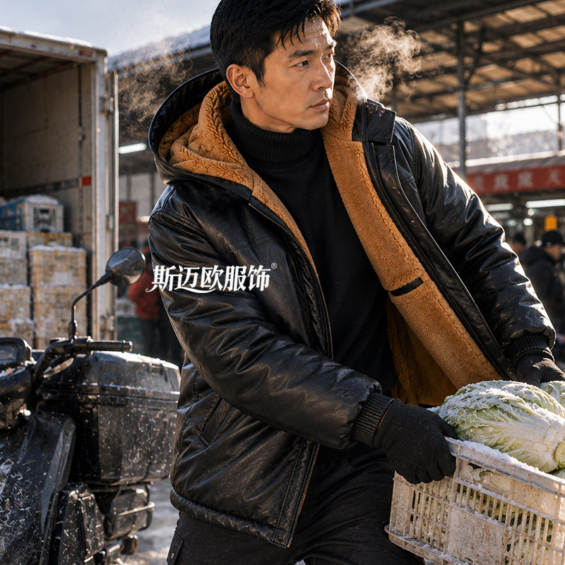皮衣皮裤工作服套装男加绒加厚外卖骑手代驾防风防水保暖抗寒工装
