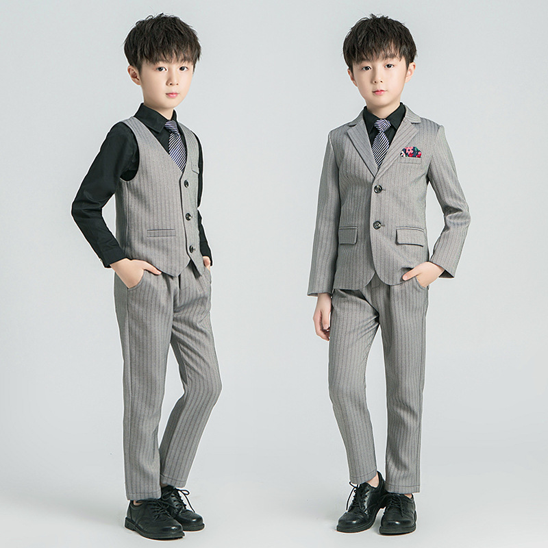 2025童装秋季款男童灰色条纹小西装儿童礼服花童主持演出西服套装