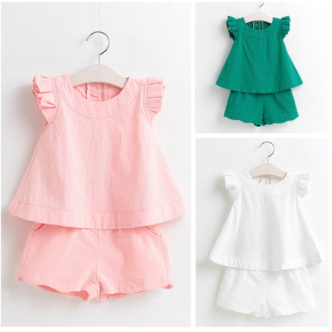 2026年夏季新款韩版木耳飞袖无袖纯色女童两件套童装短裤粉色套装