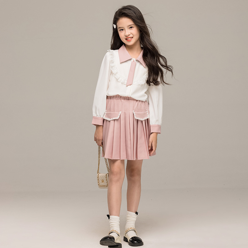 女童JK套装学院风2025春季甜美学生衣服大童撞色衬衫百褶裙两件套
