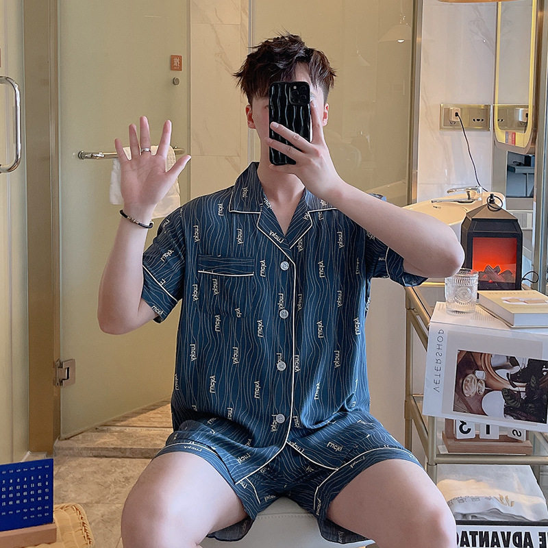 夏季新款棉绸睡衣男士短袖短裤休闲开衫家居服网红款大码套装实体