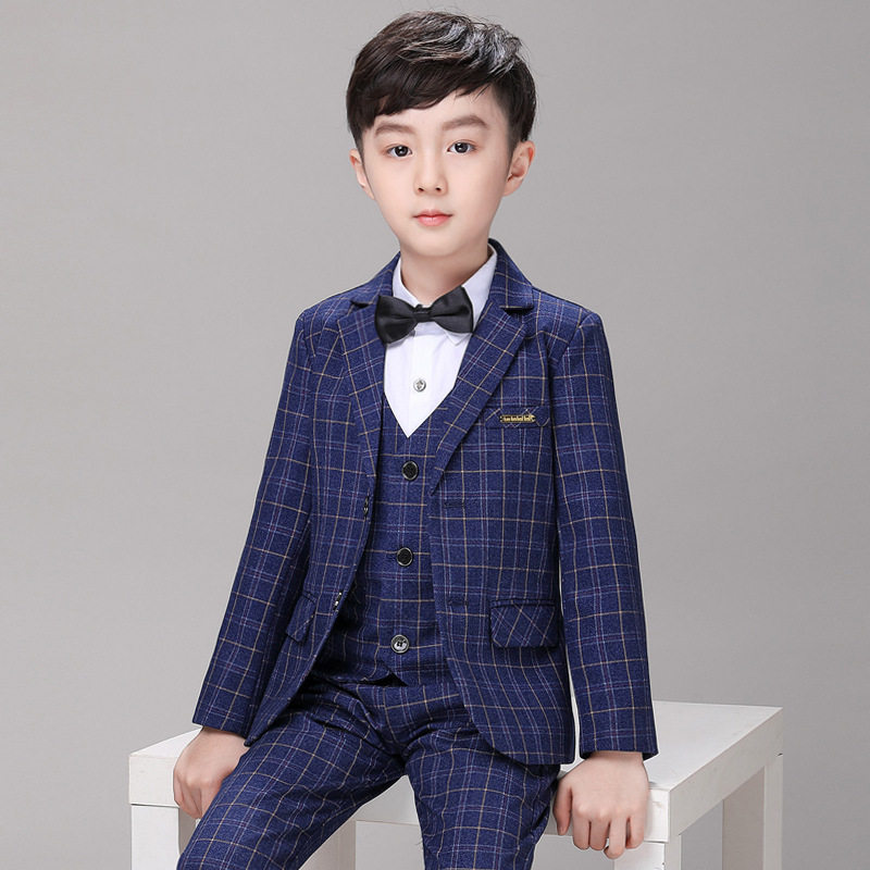 春秋冬季新款男童格子小西装儿童西服套装钢琴走秀服加绒花童礼服