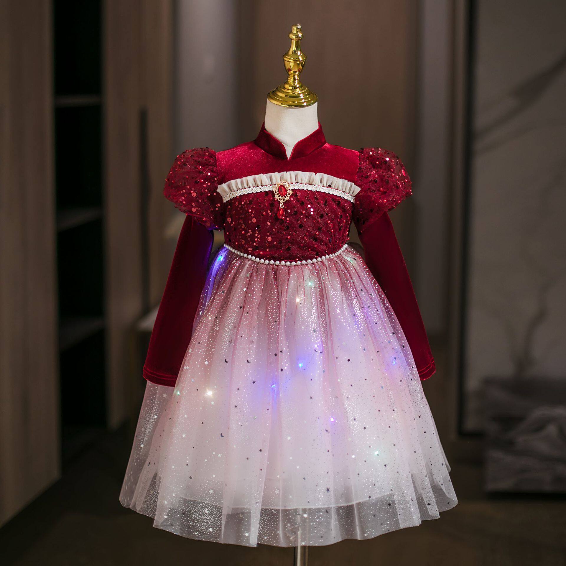 秋冬加绒韩版童装洛丽塔公主裙大红色过年礼服圣诞节女童斗篷披风