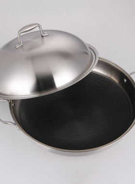 通用38CM40CM双耳微油烟蜂窝炒锅半屏蜂窝家用不锈钢无烟不粘锅