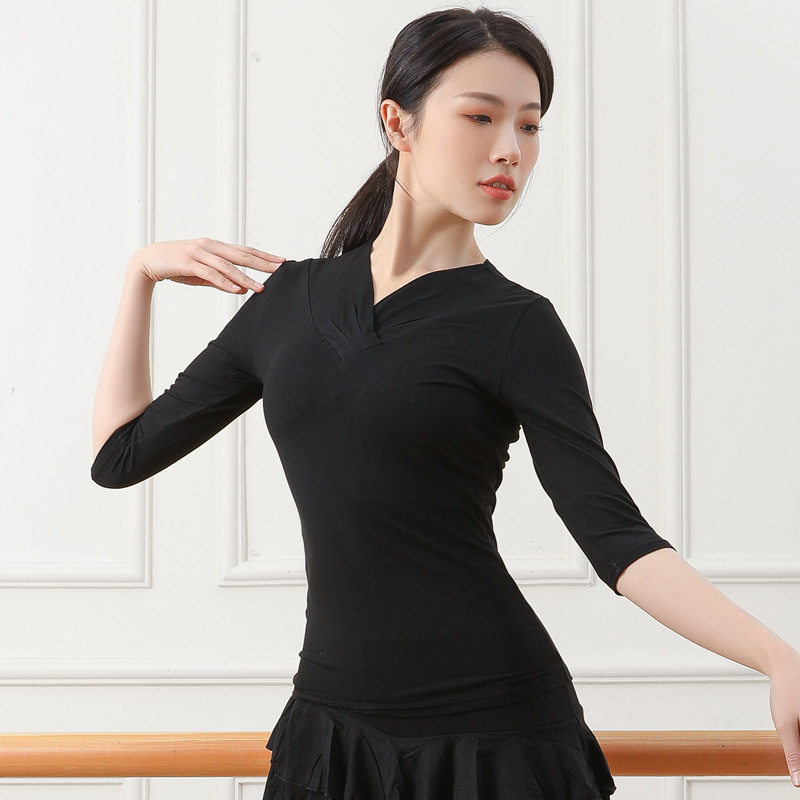 舞蹈练功服装女春秋长袖v领上衣新款现代舞形体黑色跳舞训练衣服