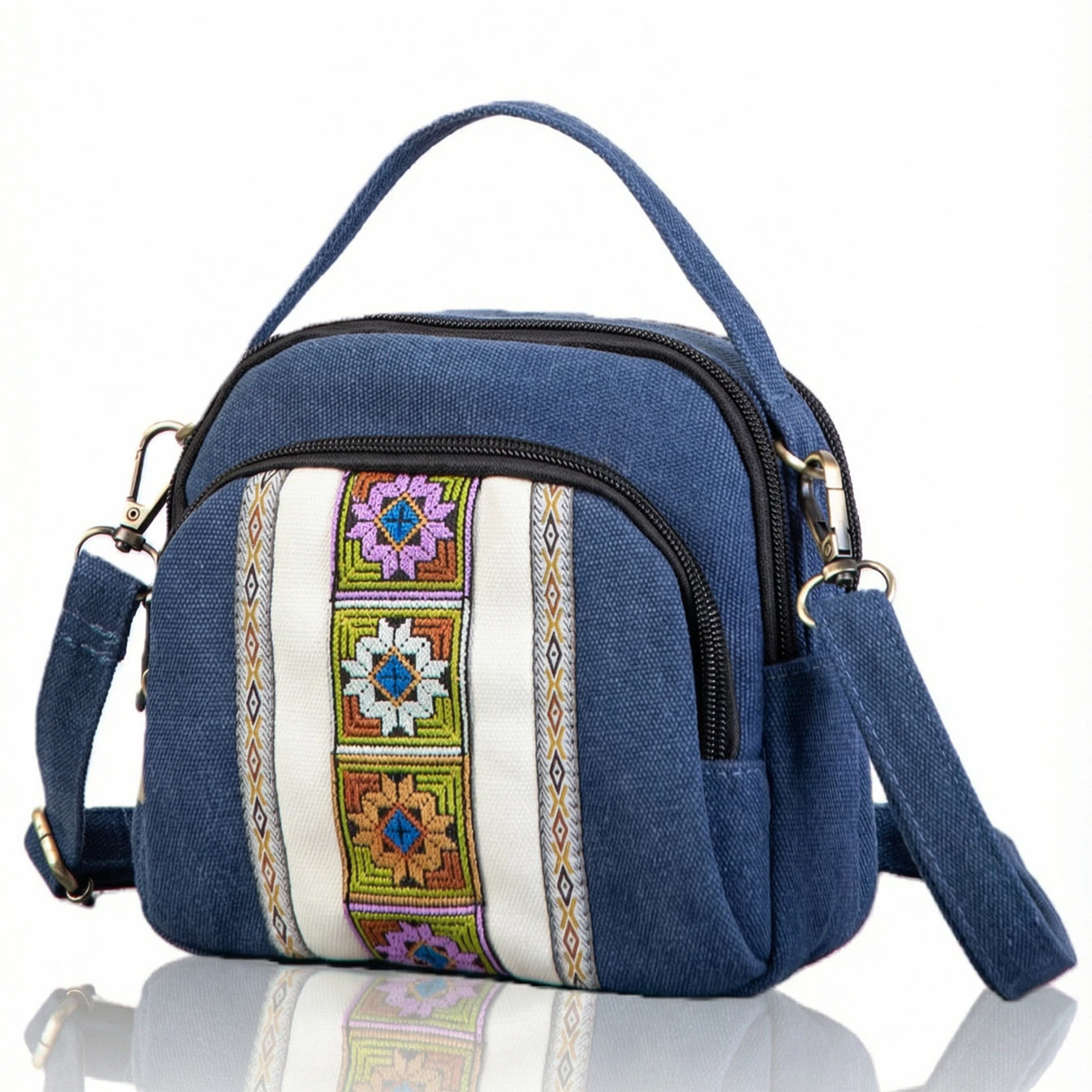 民族风刺绣帆布包女斜挎包文艺森系百搭方形拉链单肩包手提小包