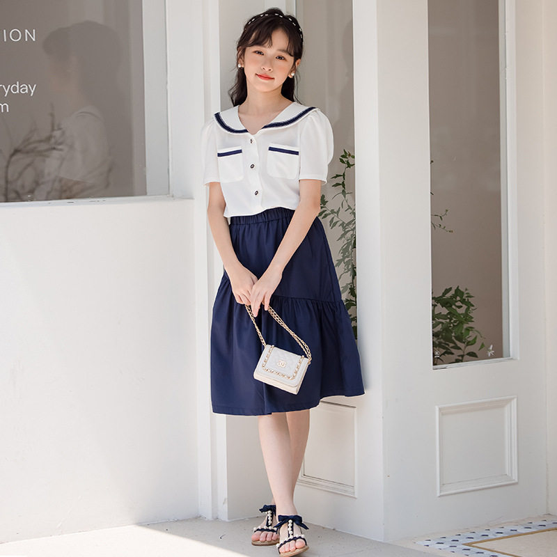 女童学院风套装裙子2026新款韩版夏装中大童短袖衬衫半身裙两件套