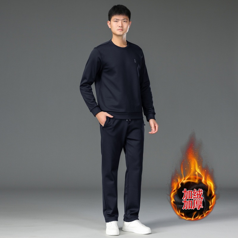 运动服套装男秋冬季加绒加厚中年男套装秋冬款休闲卫衣男士两件套