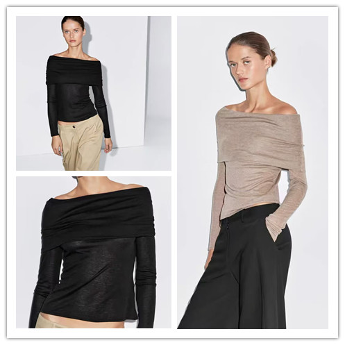 MD女装极简风气质优雅修身一字领长袖针织T恤打底上衣06276574706