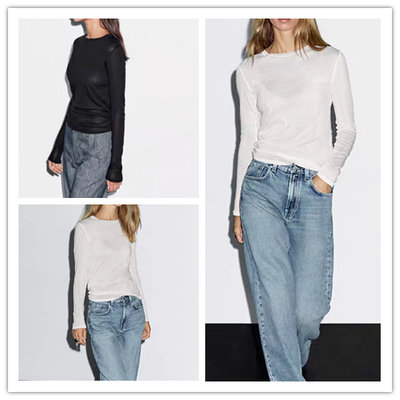 西班牙单 现货 MD女装基础款纯色微透纯棉圆领长袖T恤上衣打底衫