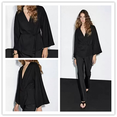 MD女装 现货新中式高级感黑色垂感V领系带衬衫上衣女 05108709800