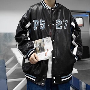 709-MY607-P125 2024冬 单人潮男拼色夹棉棒球领皮衣冬季加厚棉衣图片
