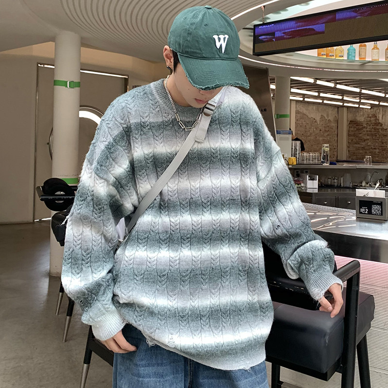 709-2-MY52-P100春单人圆领拼麻花辫条纹撞色毛衣外套,男装针织衫/毛衣,星座709-2