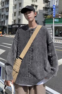 709-2-MY35-P115 春单人 水洗全棉拼麻花辫套头宽松大码毛衣男图片