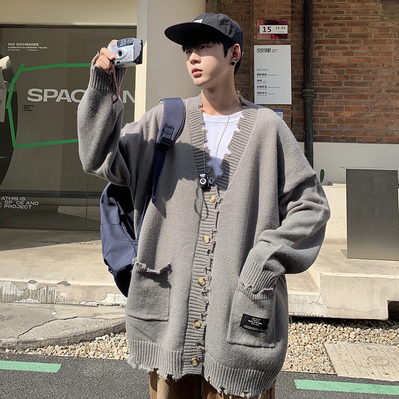 709-2-MY62-P100春单人v领复古破边大口袋针织毛衣情侣,男装针织衫/毛衣,星座709-2