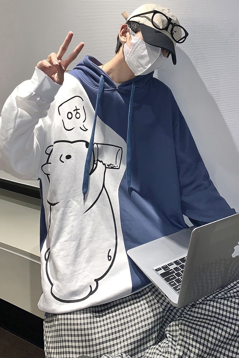 709-2-W507-P70春单人港风休闲拼色小熊连帽外套宽松百搭卫衣男,男装卫衣,星座709-2